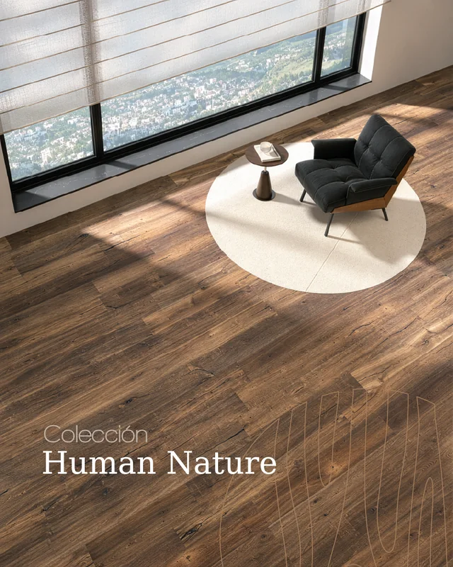 Colección Human Nature: sala con piso oscuro y vista a la ciudad